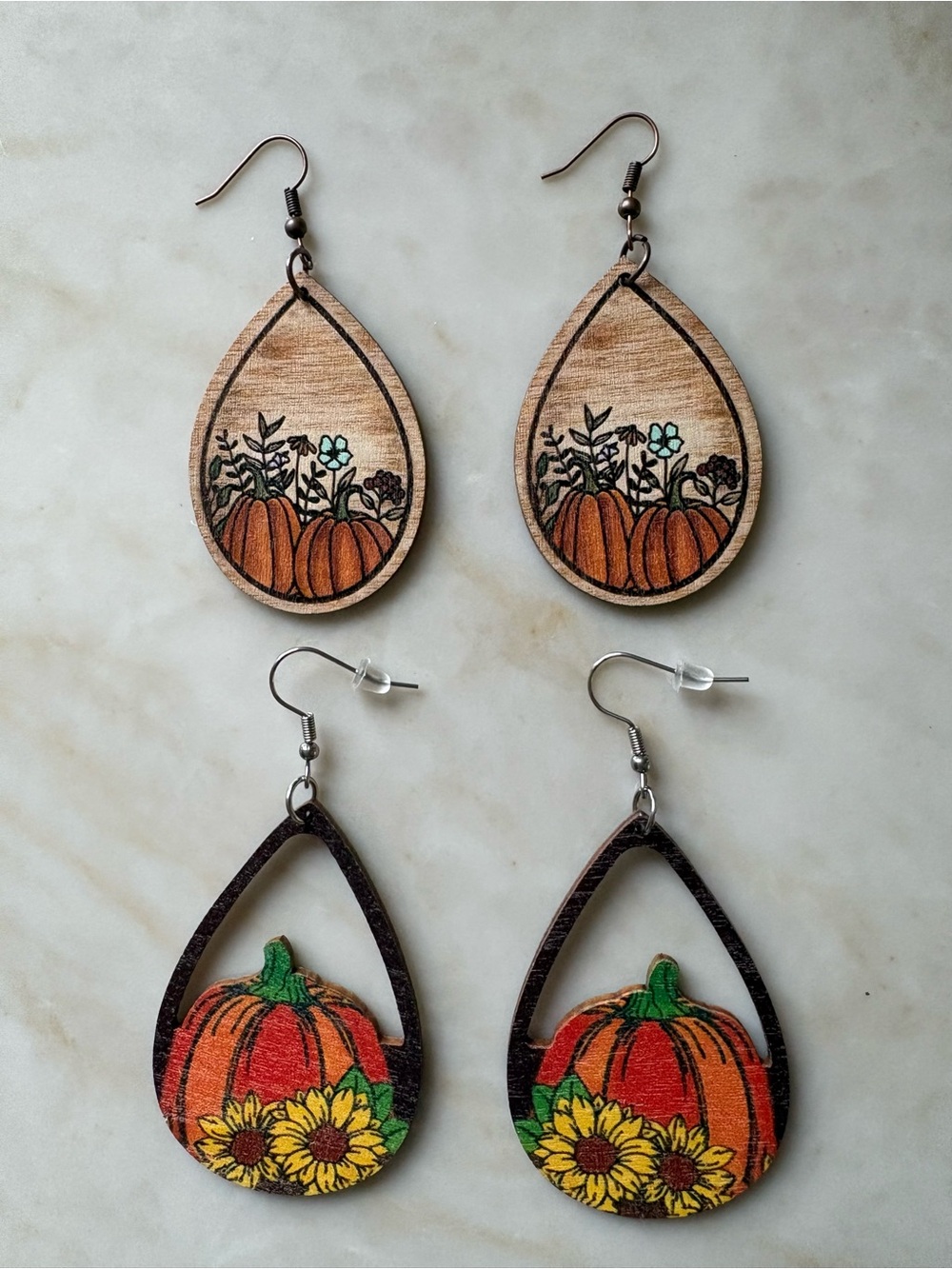 Fall Pumpkin Teardrop Wooden Bundle Earrings - Orange and Green